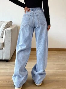SHEIN ChillGRL Teen Girl Star Embroidery Wide Leg Jeans - Light Wash - View 3