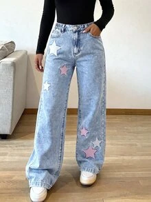 SHEIN ChillGRL Teen Girl Star Embroidery Wide Leg Jeans - Light Wash - View 2
