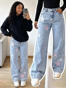 SHEIN ChillGRL Teen Girl Star Embroidery Wide Leg Jeans - Light Wash - View 7