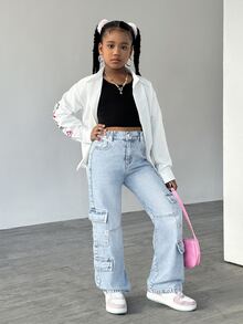 SHEIN Explorewe Tween 女童休闲宽松直筒洗水牛仔裤 - 淺色水洗藍 - 查看 7