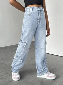SHEIN Explorewe Tween 女童休闲宽松直筒洗水牛仔裤 - 淺色水洗藍 - 查看 3