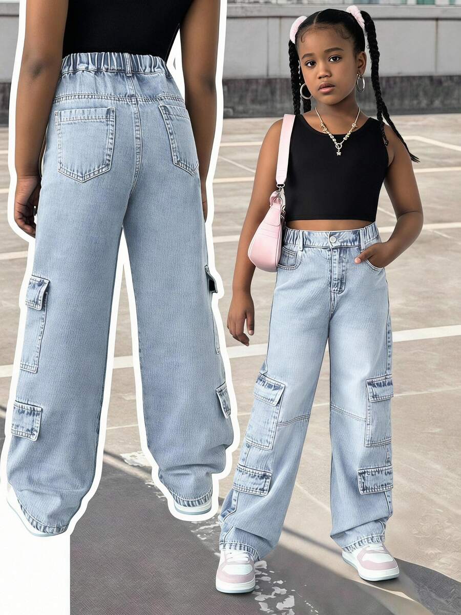 SHEIN Explorewe Tween 女童休闲宽松直筒洗水牛仔裤 - 淺色水洗藍 - 查看 1