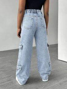SHEIN Explorewe Tween 女童休闲宽松直筒洗水牛仔裤 - 淺色水洗藍 - 查看 2