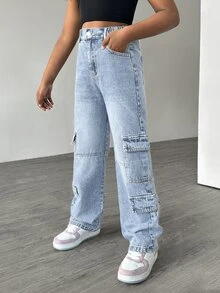 SHEIN Explorewe Tween 女童休闲宽松直筒洗水牛仔裤 - 淺色水洗藍 - 查看 6