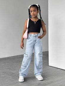 SHEIN Explorewe Tween 女童休闲宽松直筒洗水牛仔裤 - 淺色水洗藍 - 查看 4