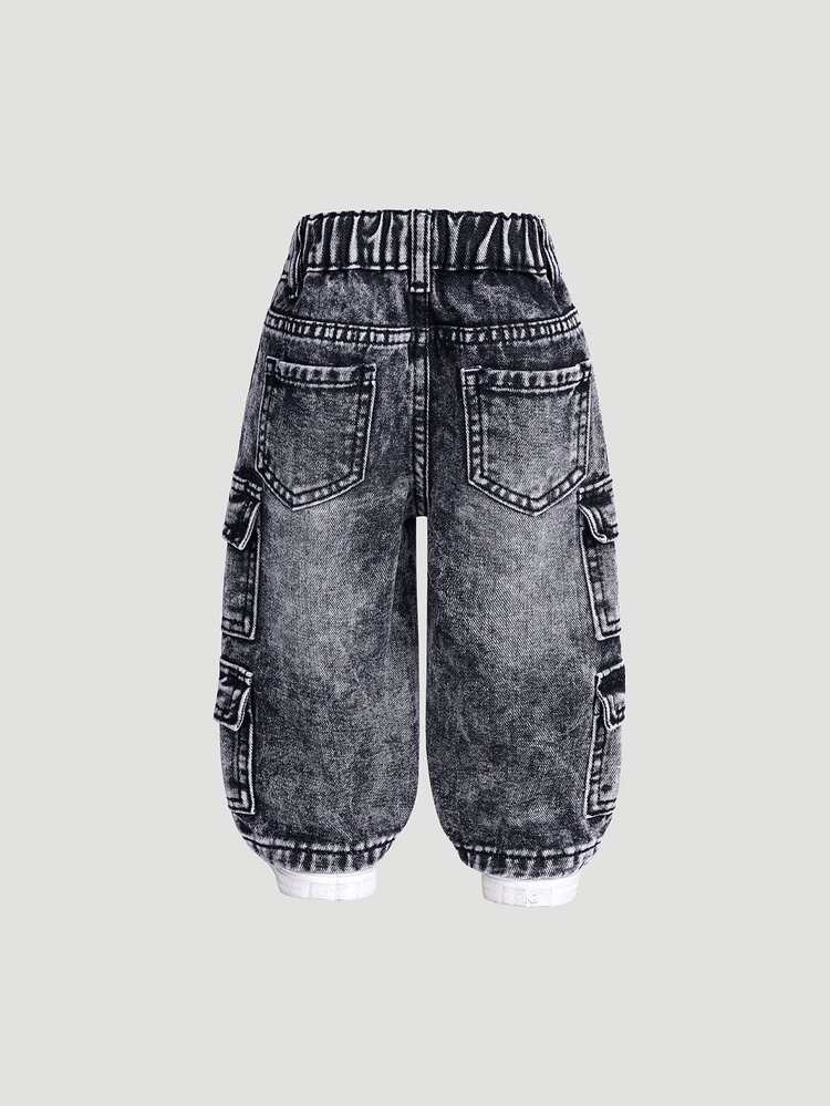 SHEIN Playful Pals Baby Girls' New Heavily Washed Asymmetrical Waistband Multi-Pocket Design Loose Casual Straight Leg Cargo Denim Jeans Autumn Fall - Dark Grey - View 2