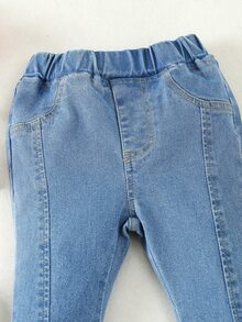 SHEIN Vintaside Kids 女嬰日常可愛日系甜美時尚喇叭牛仔褲 畢業派對 牛仔藍 夏季秋季 - 中等水洗藍 - 查看 5