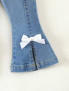 SHEIN Vintaside Kids 女嬰日常可愛日系甜美時尚喇叭牛仔褲 畢業派對 牛仔藍 夏季秋季 - 中等水洗藍 - 查看 4