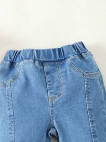 SHEIN Vintaside Kids 女嬰日常可愛日系甜美時尚喇叭牛仔褲 畢業派對 牛仔藍 夏季秋季 - 中等水洗藍 - 查看 3