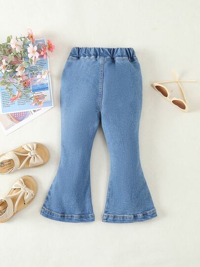 SHEIN Vintaside Kids Baby Girl Daily Cute Kawaii Fashionable And Sweet Flared Jeans Graduation Party Denim Blue Summer Autumn Fall