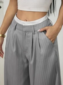 SHEIN PETITE Ladies' Casual Striped Wide-Leg Colorblock High Waist Suit Pants In Fall/Winter - Grey - View 6