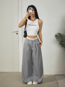 SHEIN PETITE Ladies' Casual Striped Wide-Leg Colorblock High Waist Suit Pants In Fall/Winter - Grey - View 3