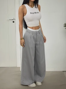 SHEIN PETITE Ladies' Casual Striped Wide-Leg Colorblock High Waist Suit Pants In Fall/Winter - Grey - View 5