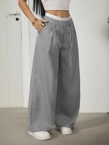 SHEIN PETITE Ladies' Casual Striped Wide-Leg Colorblock High Waist Suit Pants In Fall/Winter - Grey - View 4