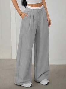 SHEIN PETITE Ladies' Casual Striped Wide-Leg Colorblock High Waist Suit Pants In Fall/Winter - Grey - View 1