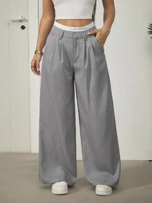 SHEIN PETITE Ladies' Casual Striped Wide-Leg Colorblock High Waist Suit Pants In Fall/Winter - Grey - View 7