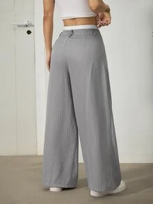 SHEIN PETITE Ladies' Casual Striped Wide-Leg Colorblock High Waist Suit Pants In Fall/Winter - Grey - View 2