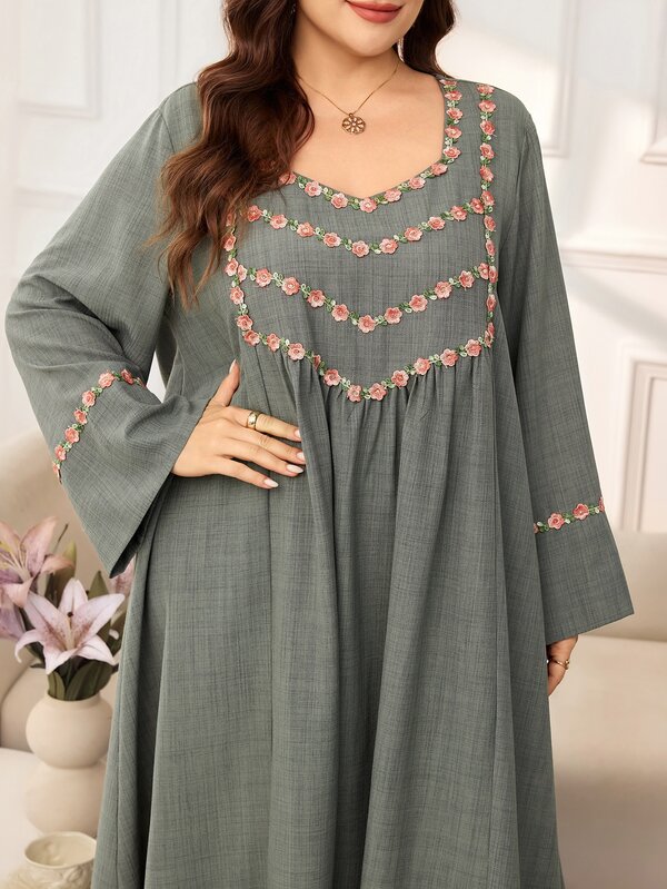 Al Najma Women's Elegant Square Neckline 3D Floral Lace Bell Sleeve Plus Size Arabian Dress
