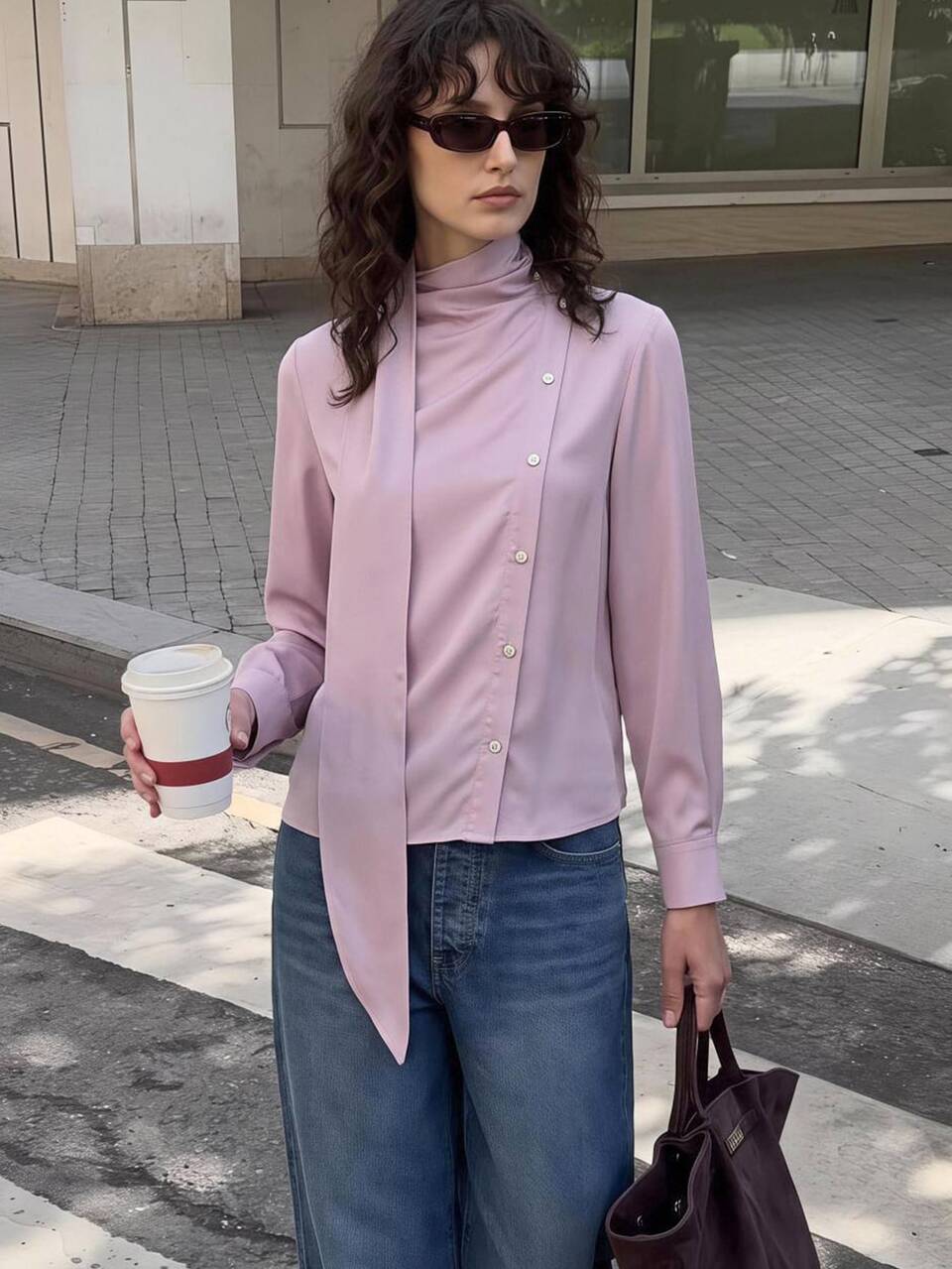 2026 New Autumn Women's Loose Fit Solid Pink Long Sleeve Shirt With Scarf Collar Asymmetric Placket Button Design Casual Commute Urban Modern Minimalist Elegant Tea Party Independence Day Old Money Style Teacher Office Wear Holiday Vacation Date Women's Outwear Fashion Versatile Women's Shirt