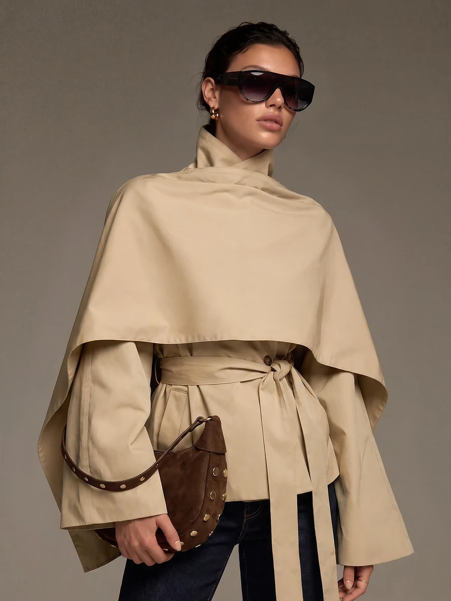 COSMINA Cloak Sleeve Belted Trench Coat - Khaki - View 1