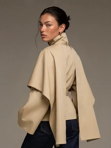 COSMINA Cloak Sleeve Belted Trench Coat - Khaki - View 6