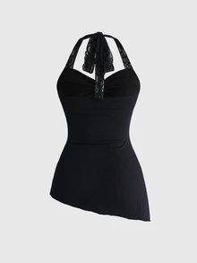 ROMWE Y2K Black Halter Neck Ruched Asymmetrical Hem Contrast Lace Women's Top - Black - View 2