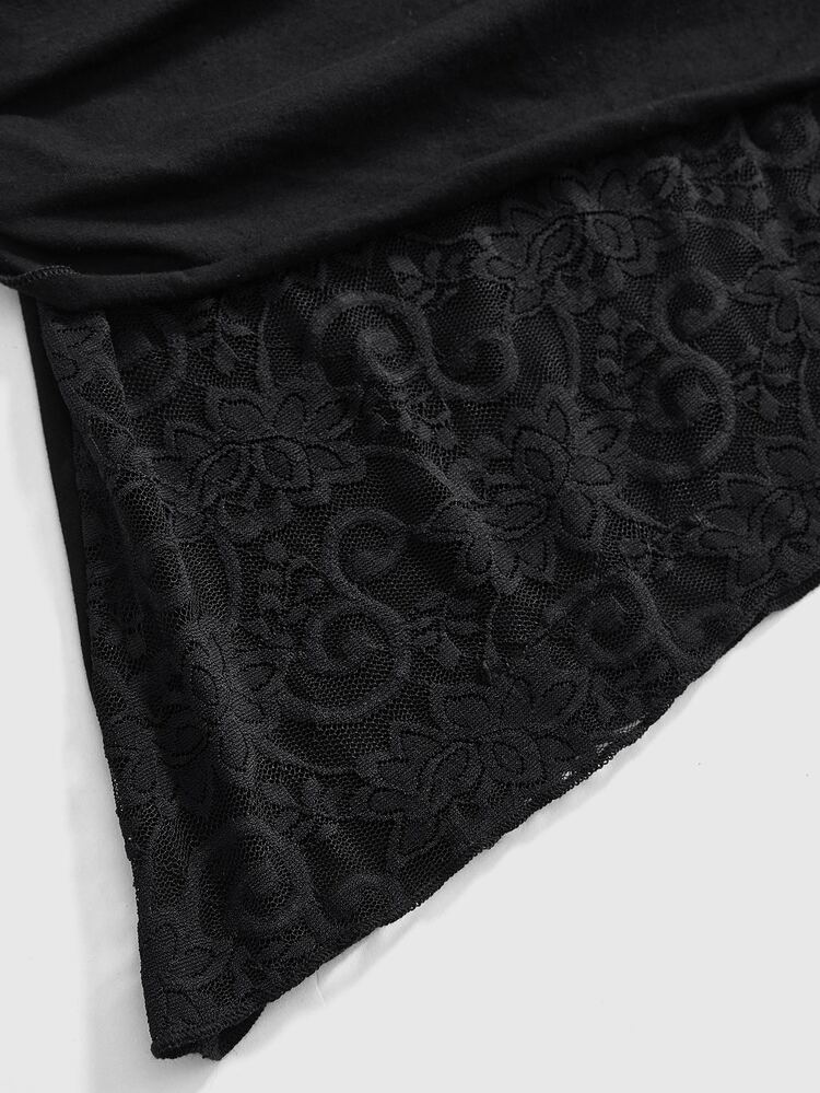 ROMWE Y2K Black Halter Neck Ruched Asymmetrical Hem Contrast Lace Women's Top - Black - View 4