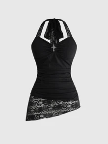 ROMWE Y2K Black Halter Neck Ruched Asymmetrical Hem Contrast Lace Women's Top - Black - View 1