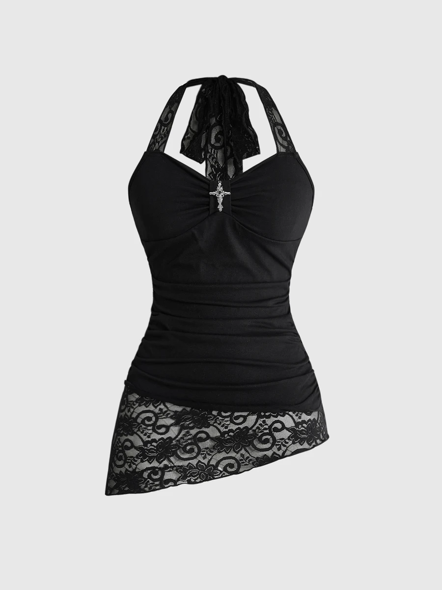 ROMWE Y2K Black Halter Neck Ruched Asymmetrical Hem Contrast Lace Women's Top - Black - View 1