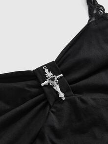 ROMWE Y2K Black Halter Neck Ruched Asymmetrical Hem Contrast Lace Women's Top - Black - View 3