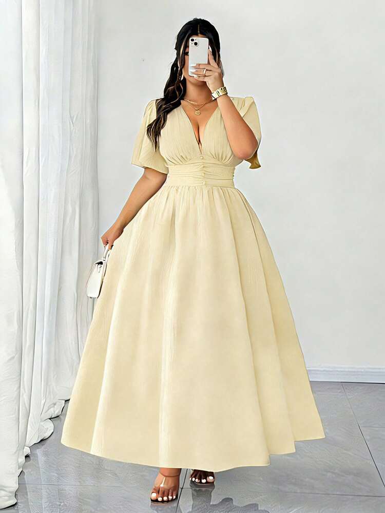 Elenzga Plus Size Women's Elegant Backless Vacation Dress, Versatile Design, 2025 Spring/Summer New Arrival - Light Yellow - View 5