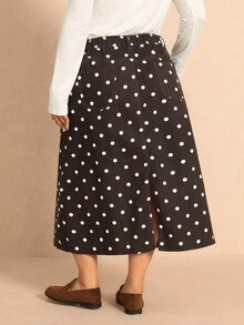Elaquor Plus Size Women's Polka Dot Pattern Pocket Casual Denim Skirt, Fall Winter Outfits For Women - Brown - View 3