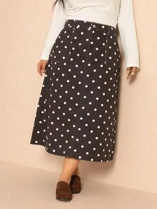 Elaquor Plus Size Women's Polka Dot Pattern Pocket Casual Denim Skirt, Fall Winter Outfits For Women - Brown - View 7
