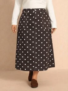 Elaquor Plus Size Women's Polka Dot Pattern Pocket Casual Denim Skirt, Fall Winter Outfits For Women - Brown - View 9