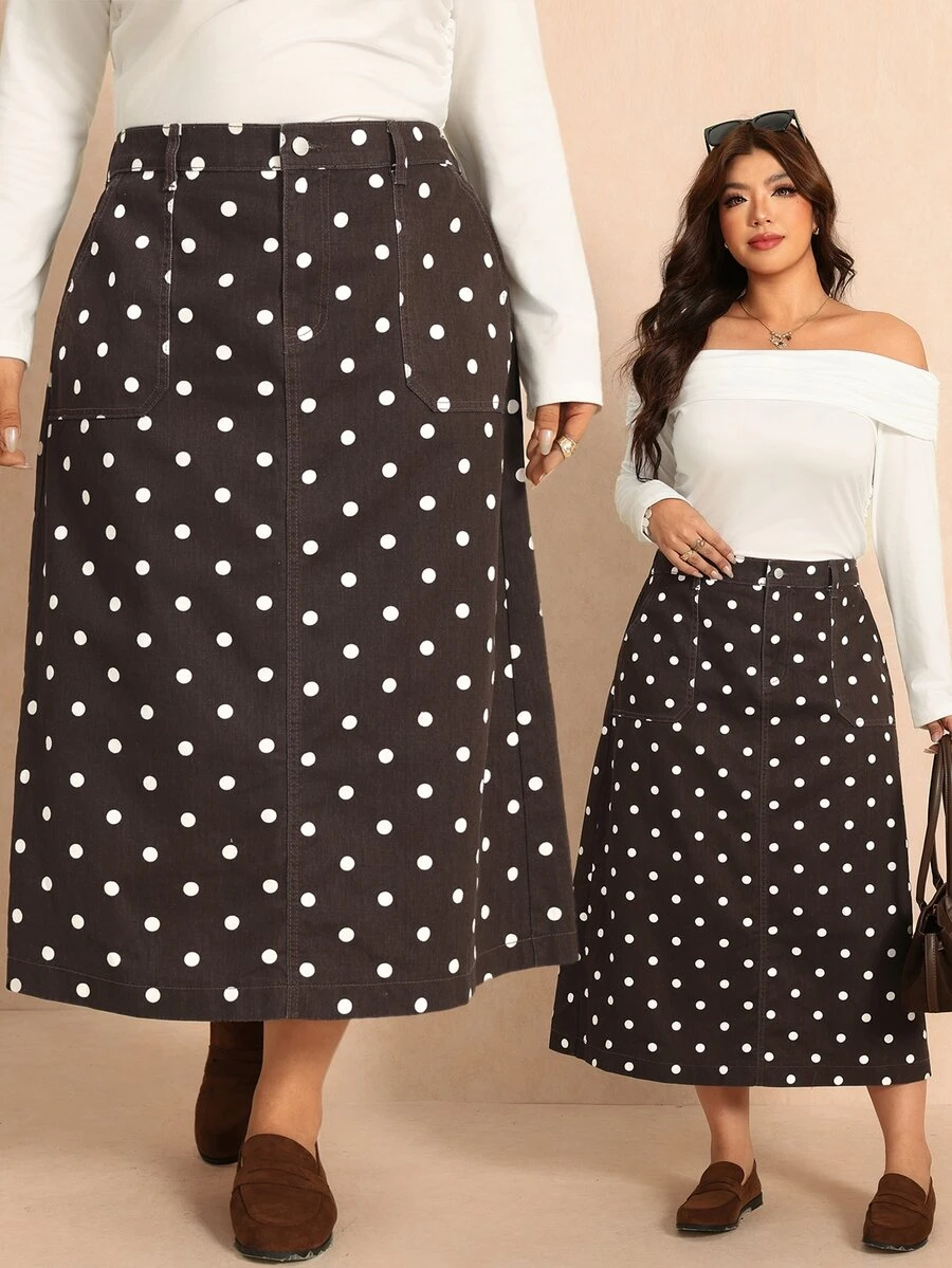 Elaquor Plus Size Women's Polka Dot Pattern Pocket Casual Denim Skirt, Fall Winter Outfits For Women