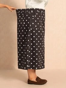 Elaquor Plus Size Women's Polka Dot Pattern Pocket Casual Denim Skirt, Fall Winter Outfits For Women - Brown - View 5