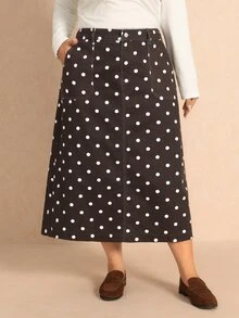 Elaquor Plus Size Women's Polka Dot Pattern Pocket Casual Denim Skirt, Fall Winter Outfits For Women - Brown - View 8