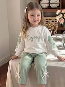 SHEIN Baby Girls' Sweet Bow Decor Long Sleeve Pullover Sweatshirtsage Green Knit Pants Set Cute Bow Pattern Autumn Cute Kawaii - Green - View 1