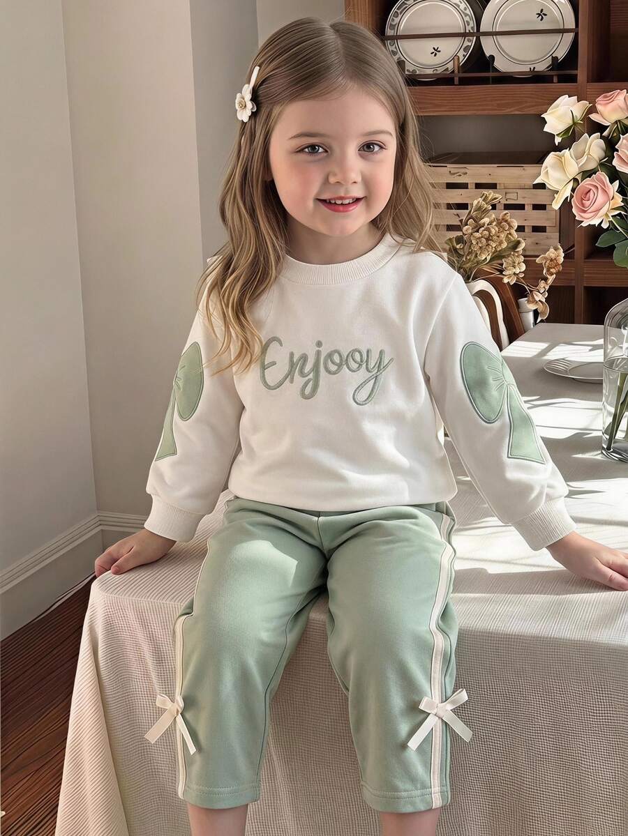 SHEIN Baby Girls' Sweet Bow Decor Long Sleeve Pullover Sweatshirtsage Green Knit Pants Set Cute Bow Pattern Autumn Cute Kawaii - Green - View 1