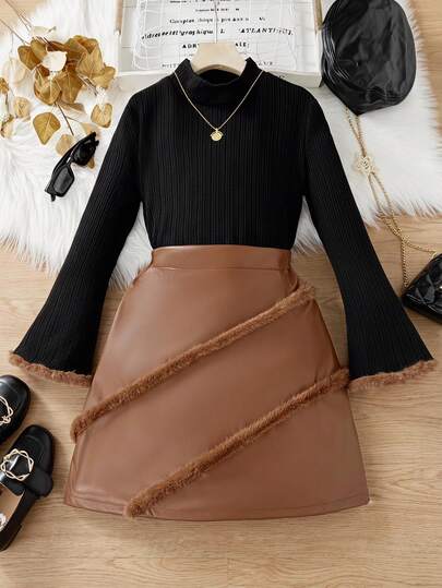 SHEIN Sparklyn Tween Girls 2-Piece Winter Set, Mock Neck Elegant Bell Sleeve Jacquard Knit Sweater And Brown PU Leather Mini Skirt With Fur Trim Details