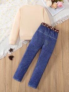 SHEIN Tween Girl Fall Outfits Fall Tops Fall Graphic Print Round Neck Long Sleeve Casual Top And Pants Set, Holiday Outfits - Khaki - View 2