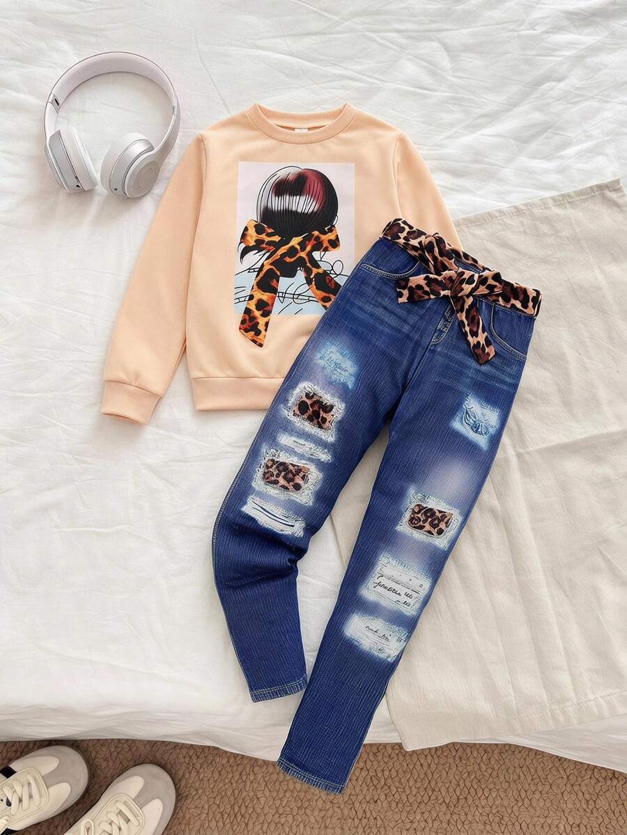 SHEIN Tween Girl Fall Outfits Fall Tops Fall Graphic Print Round Neck Long Sleeve Casual Top And Pants Set, Holiday Outfits - Khaki - View 1