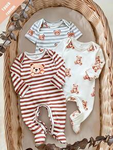 Newborn Soft Knit Long Sleeve Footie Romper Cute Bear White All-Over Print Best Gift For Newborns Suitable For All Seasons Sleep Night Autumn Unisex - Multicolor - View 2
