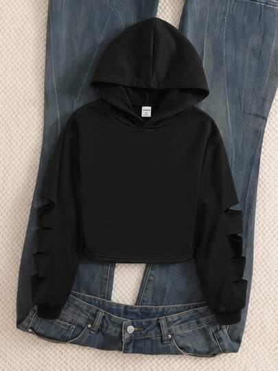 Sparklyn Tween Girl Autumn And Winter Solid Color Hollow Long-Sleeved Loose Casual Gnarly Katseye 2000s 80s Hooded Sweatshirt Black Fall Back-To-School School