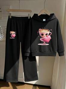 SHEIN Playful Pals 1套少女休閒時尚可愛趣味卡布奇諾芭蕾舞者圖案印花連帽衛衣+長褲，黑色套裝，適合日常、校園、秋季 - 黑色 - 查看 1