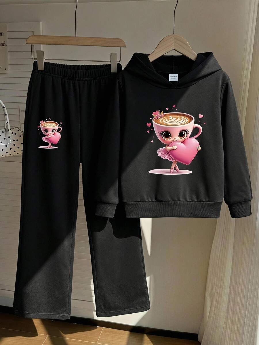 SHEIN Playful Pals 1套少女休閒時尚可愛趣味卡布奇諾芭蕾舞者圖案印花連帽衛衣+長褲,黑色套裝,適合日常、校園、秋季 - 黑色 - 查看 1