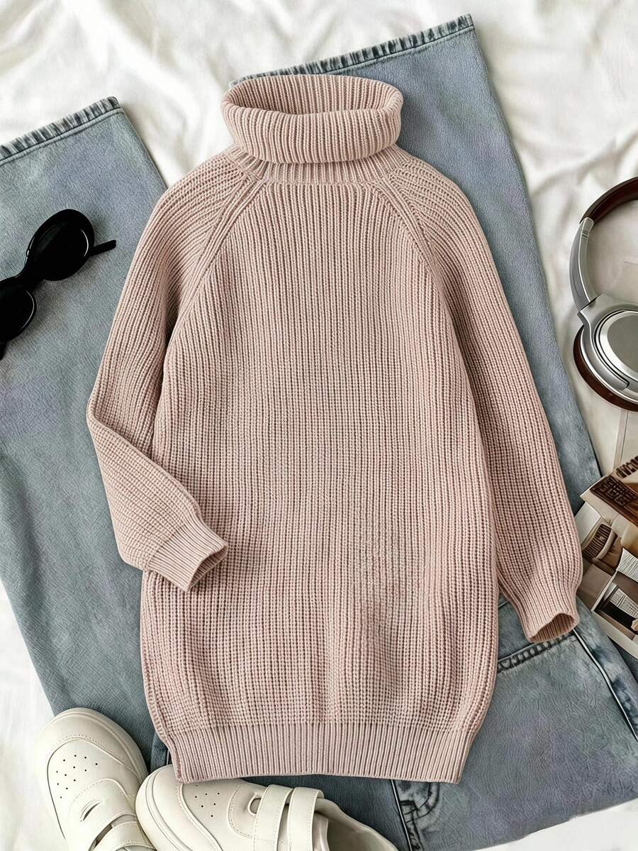SHEIN Tween Girl Solid High Neck Raglan Sleeve Long Sleeve Loose Casual Loose Sweater Dress, Autumn Farewell Beige - Khaki - View 1