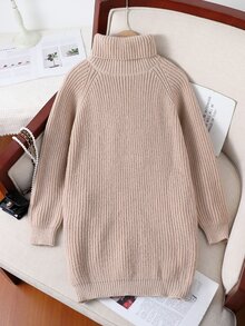 SHEIN Tween Girl Solid High Neck Raglan Sleeve Long Sleeve Loose Casual Loose Sweater Dress, Autumn Farewell Beige - Khaki - View 2