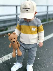 SHEIN Playful Pals Long Sleeve Baby Boy Colorblock Patchwork Top And Pants Set Beach Holiday Light Grey Autumn Casual Classy, School - Multicolor - View 1