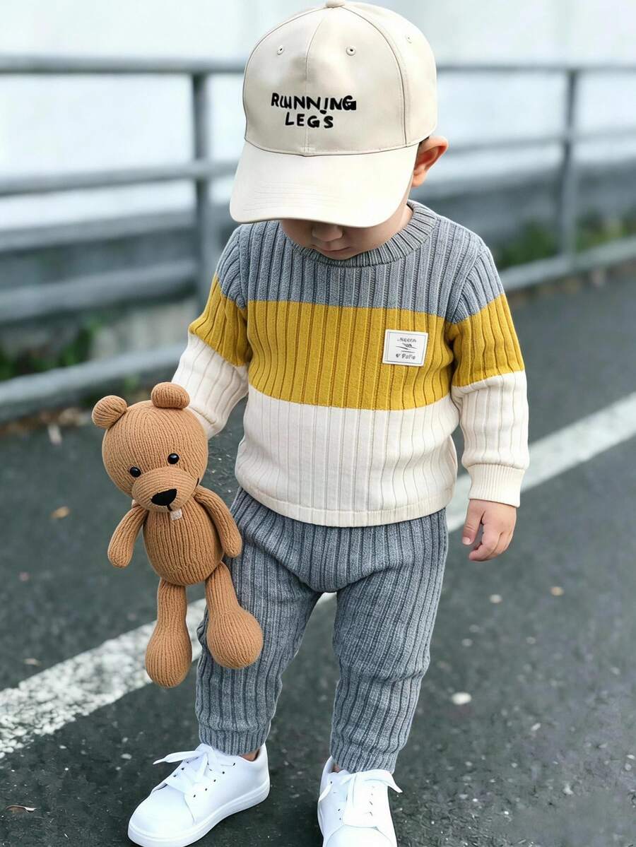 SHEIN Playful Pals Long Sleeve Baby Boy Colorblock Patchwork Top And Pants Set Beach Holiday Light Grey Autumn Casual Classy, School - Multicolor - View 1